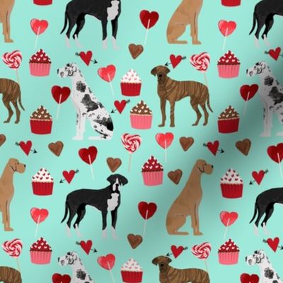 great dane mixed coat colors valentines day cupcakes hearts love dog fabric mint