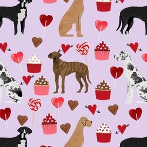 great dane mixed coat colors valentines day cupcakes hearts love dog fabric purple