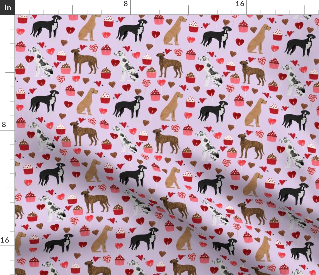 great dane mixed coat colors valentines day cupcakes hearts love dog fabric purple