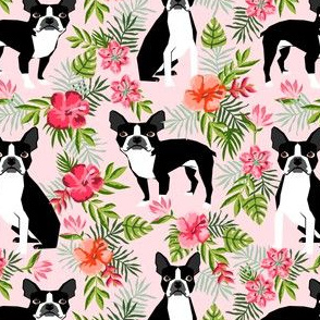 boston terrier dog fabric dogs and hawaiian floral design - pink