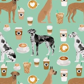 great dane dog coffee fabric - great danes and coffees - mint