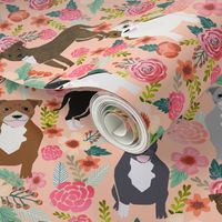 staffordshire terrier dog fabric staffy floral design - peach