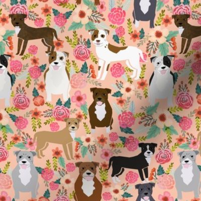 staffordshire terrier dog fabric staffy floral design - peach