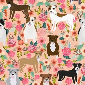 staffordshire terrier dog fabric staffy floral design - peach