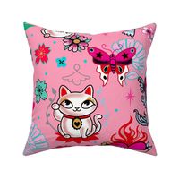 Lucky Cat Maneki Neko , Dragons and Koi fish-PINK-LARGE