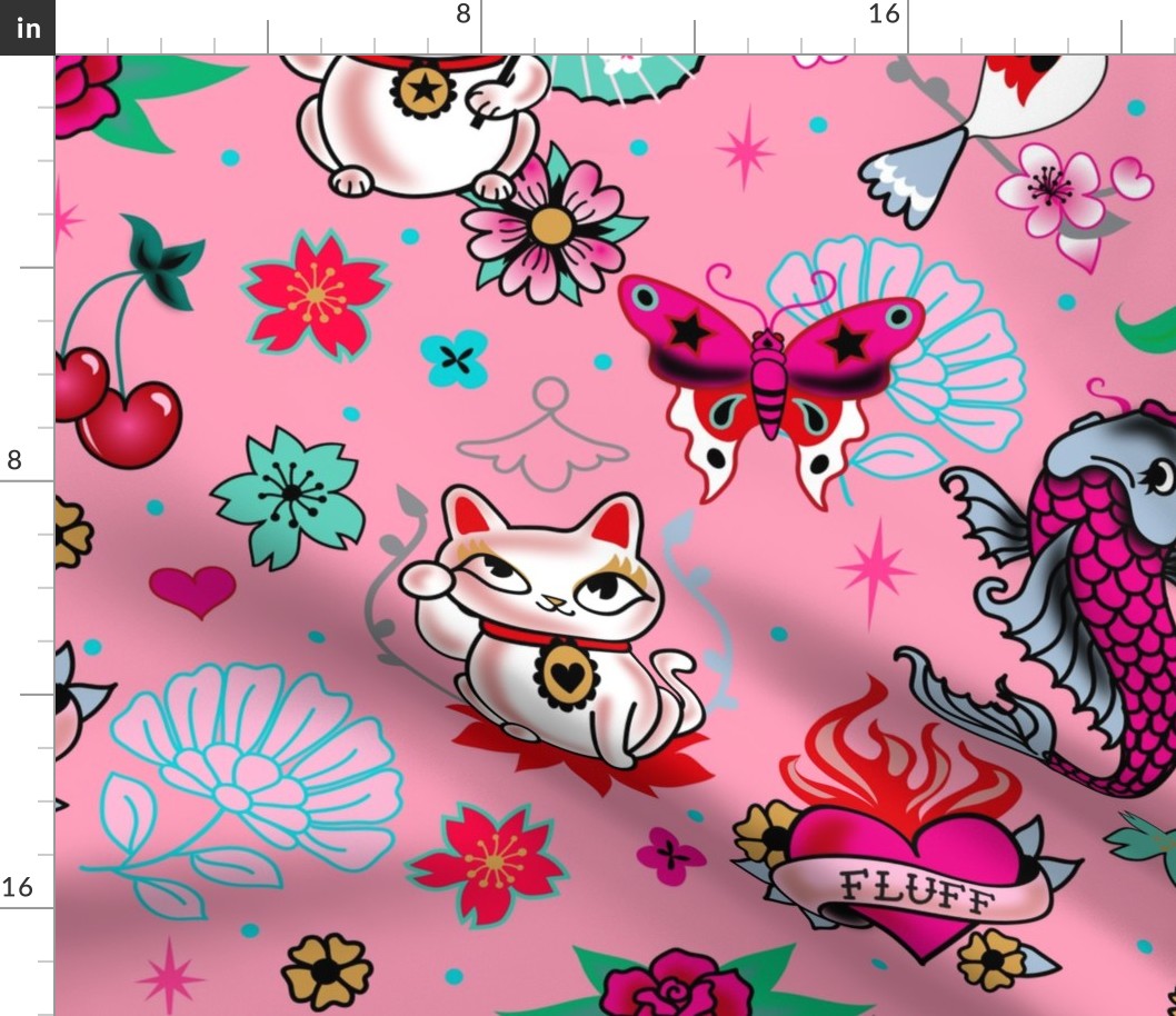 Lucky Cat Maneki Neko , Dragons and Koi fish-PINK-LARGE