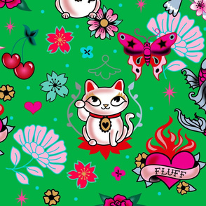 Lucky Cat Maneki Neko , Dragons and Koi fish-GREEN-LARGE