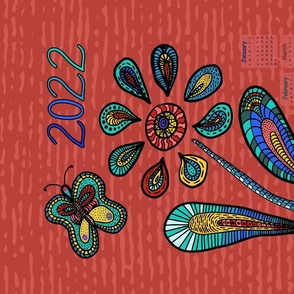 2022 Calendar, Garden of Hope, w/ Butterfly,  multi-color on Adobe Brick Red, English version 