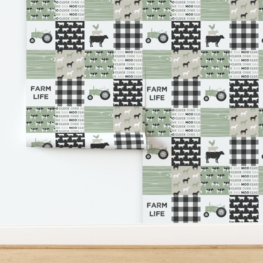 farm life - light sage green and tan - patchwork farming fabric 