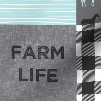 farm life - farm patchwork fabric - blue and grey linen