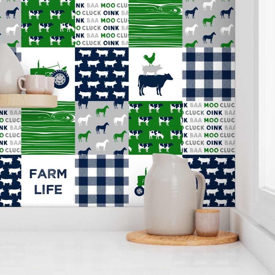 farm life - patchwork farm fabric - green and navy