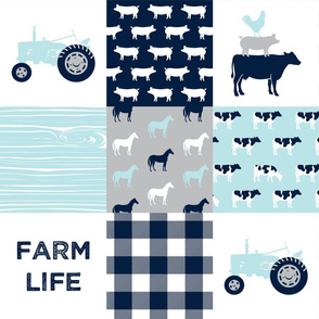farm life - patchwork farm fabric - baby blue and navy 