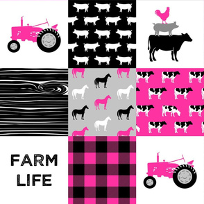 farm life - farm patchwork fabric - bright pink and black