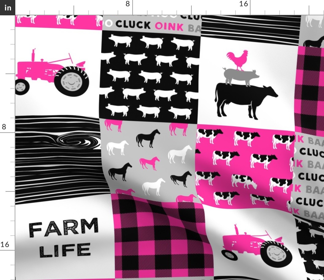 farm life - farm patchwork fabric - bright pink and black