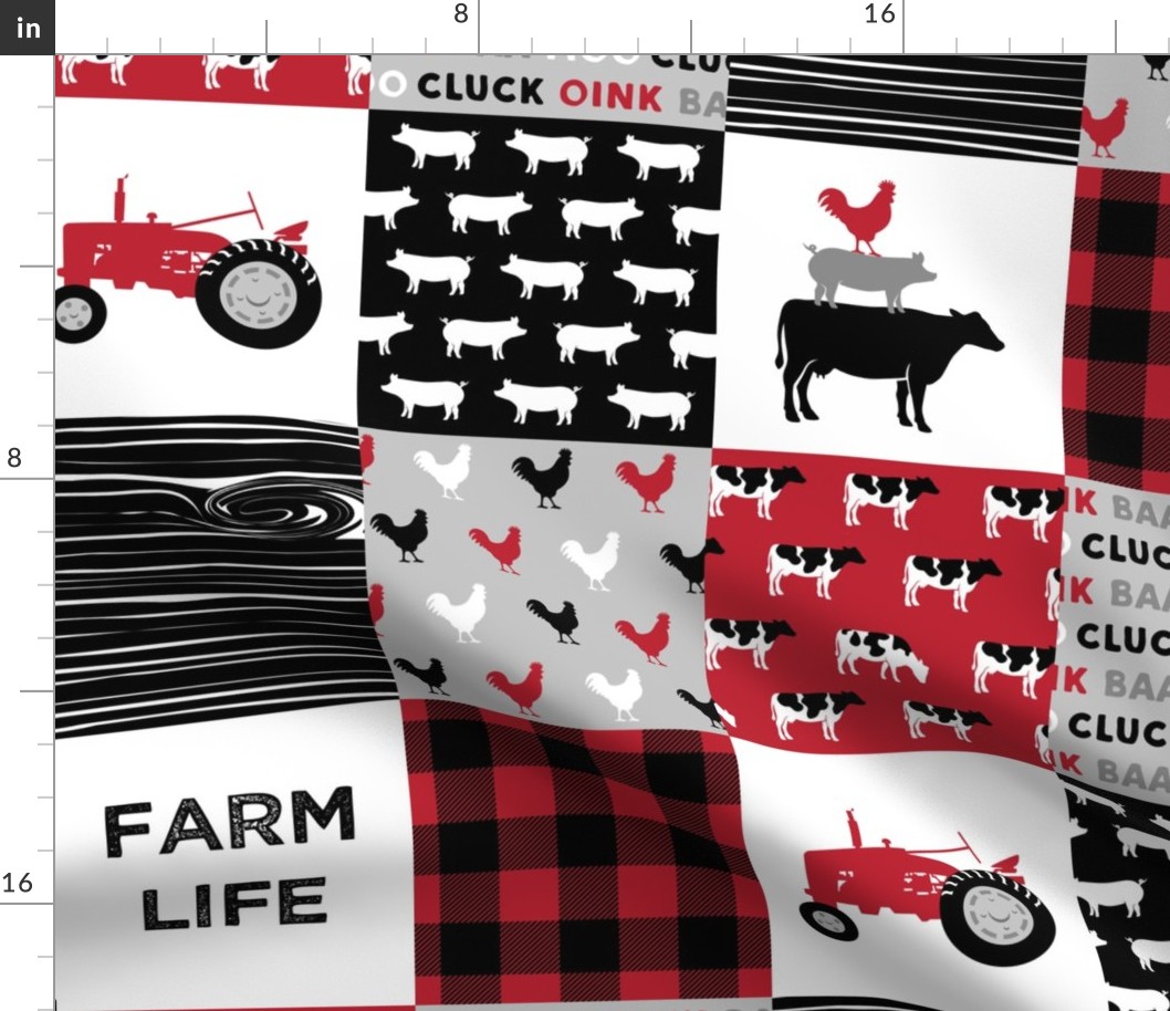 farm life patchwork - red and black - farming nursery - roosters