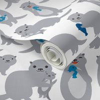 cute gray otters on white background
