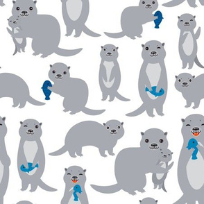 cute gray otters on white background