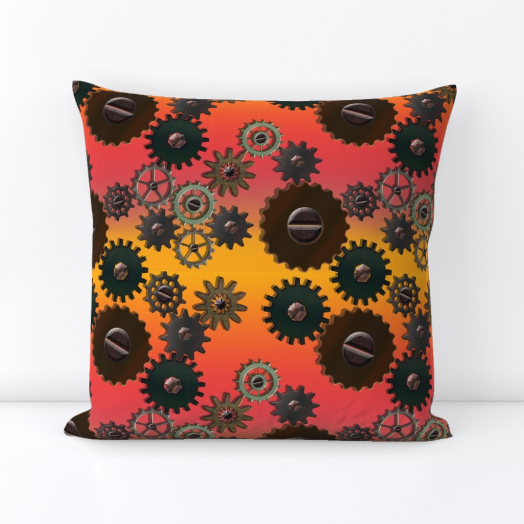 Steampunk Gears on Ombre Salmon-Pink Orange Striped Background