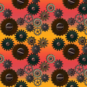 Steampunk Gears on Ombre Salmon-Pink Orange Striped Background