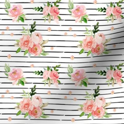 4" New York Pink Watercolor Florals // Black and White Stripes