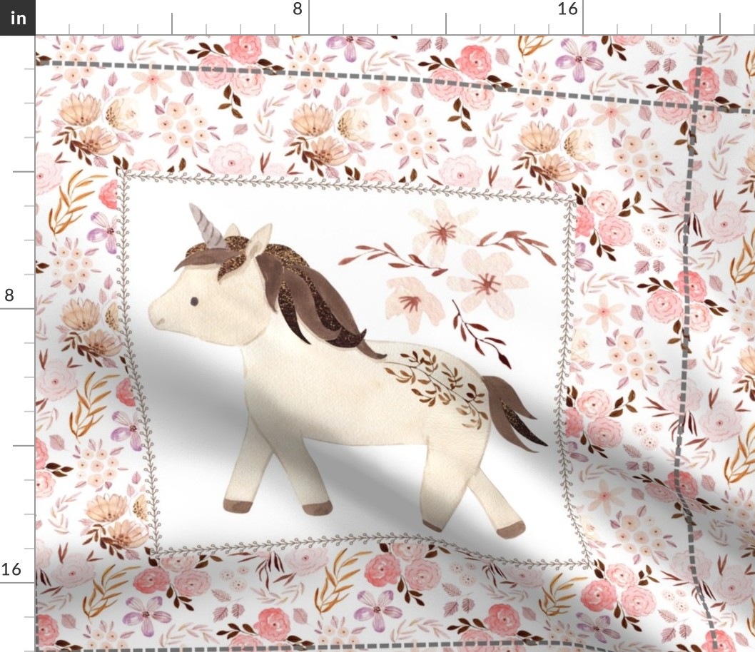18” Unicorn Pillow Front with dotted cutting lines, Girls Nursery Bedding A // Be a Unicorn collection