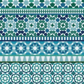 Alhambra Tessellations - Turquoise, blue and green on white