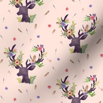 Purple Deer w/ Floral Antlers (baby pink) - Purple Flowers Feathers Baby Girl Nursery Crib Sheets Bedding B