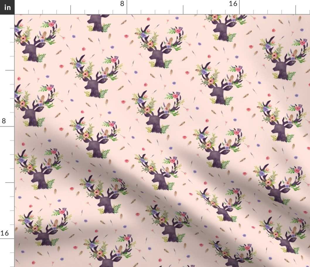 Purple Deer w/ Floral Antlers (baby pink) - Purple Flowers Feathers Baby Girl Nursery Crib Sheets Bedding B