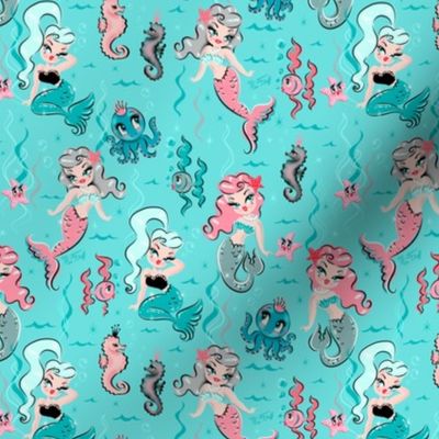 Babydoll Mermaids on Blue - SMALL