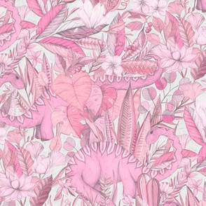 Medium scale Improbable Botanical with Dinosaurs - pink and grey
