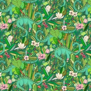 Small scale Improbable Botanical with Dinosaurs - emerald green