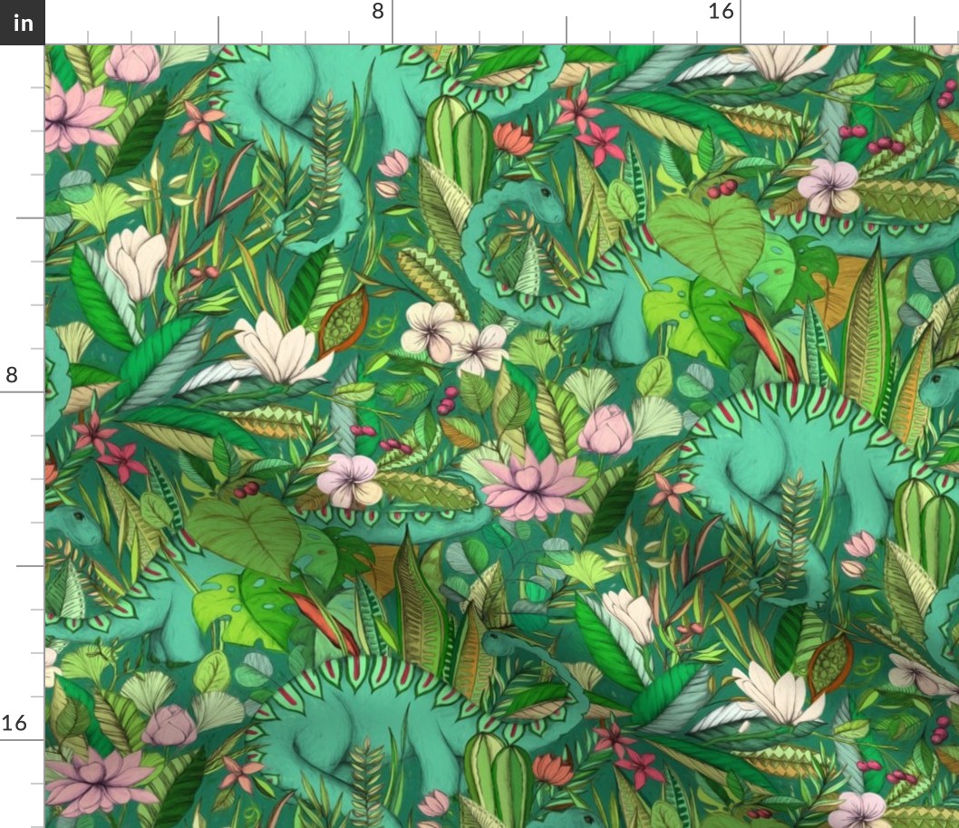 Large scale Improbable Botanical with Dinosaurs - emerald green