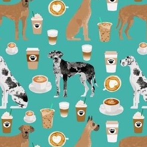 great dane dog coffee fabric - great danes and coffees - turquoise