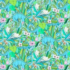 Small scale Improbable Botanical with Dinosaurs - bright pretty pastels