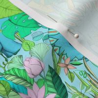 Medium scale Improbable Botanical with Dinosaurs - bright pretty pastels