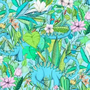 Medium scale Improbable Botanical with Dinosaurs - bright pretty pastels