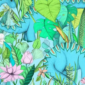 Large scale Improbable Botanical with Dinosaurs - bright pretty pastels