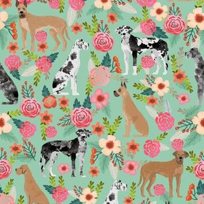 great dane florals fabric - dog floral design dogs and flowers - mint