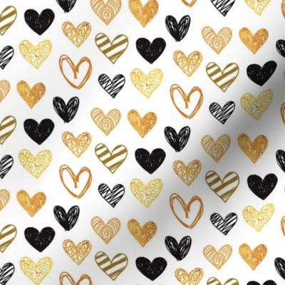 Valentine's Day Hearts Hand Drawn Black Gold Grey Cute Valentines Day - Valentines Day - Valentines Day Fabric