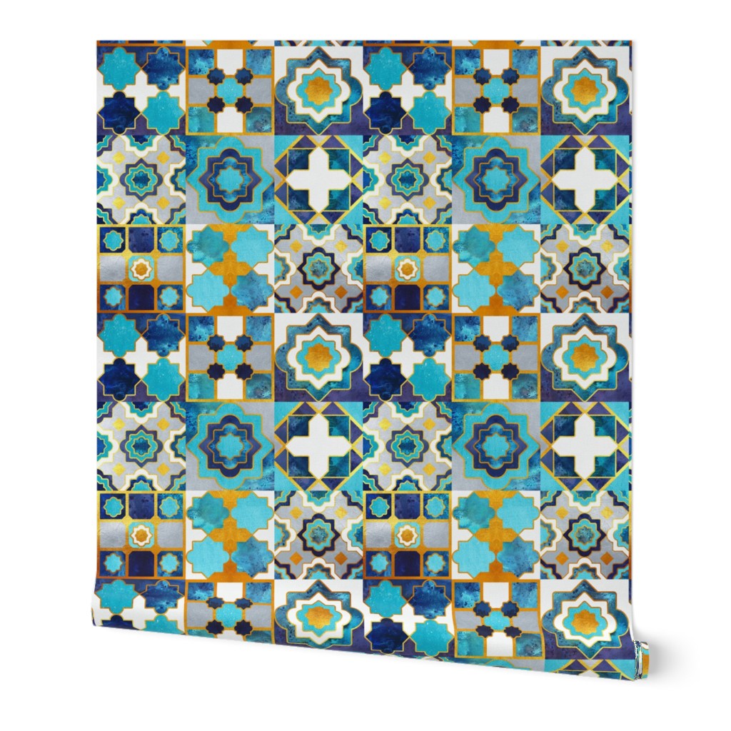 Normal scale // Spanish tiles inspiration // turquoise blue golden lines