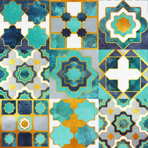 Normal scale // Spanish tiles inspiration // turquoise green golden lines