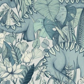 Large scale Improbable Botanical with Dinosaurs - blue grey