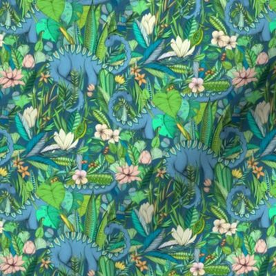 Small scale Improbable Botanical with Dinosaurs - blue green and blush pink
