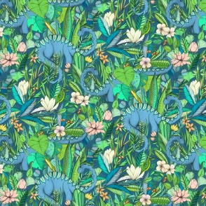 Small scale Improbable Botanical with Dinosaurs - blue green and blush pink