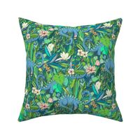 Medium scale Improbable Botanical with Dinosaurs - blue green and blush pink
