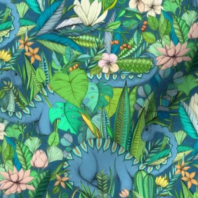 Medium scale Improbable Botanical with Dinosaurs - blue green and blush pink