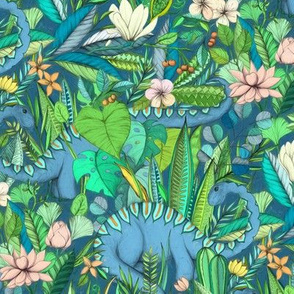 Medium scale Improbable Botanical with Dinosaurs - blue green and blush pink