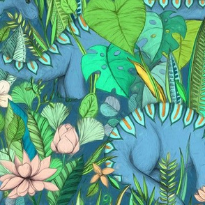Large scale Improbable Botanical with Dinosaurs - blue green and blush pink