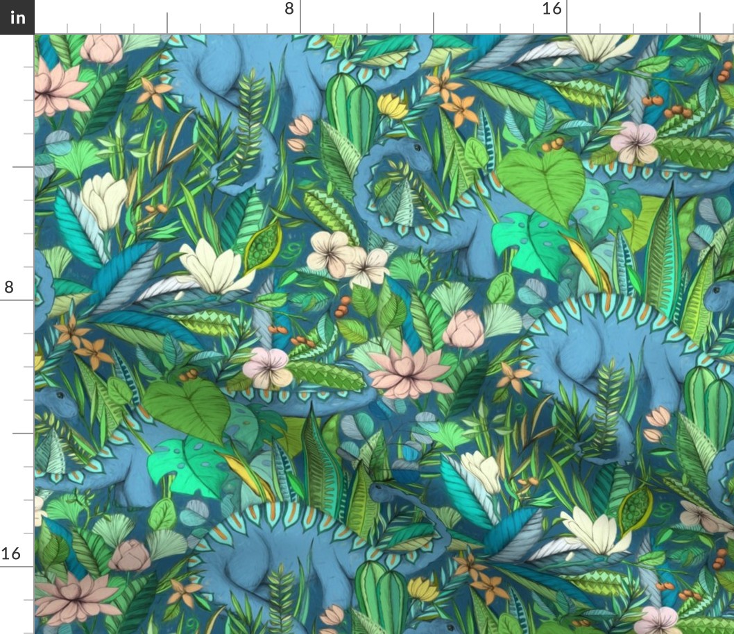 Large scale Improbable Botanical with Dinosaurs - blue green and blush pink