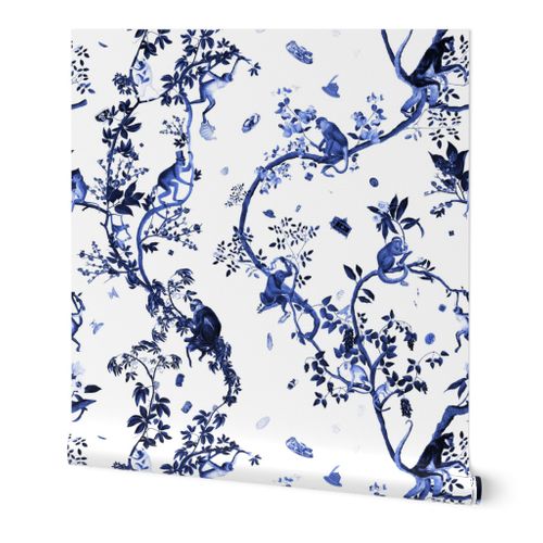 Removable Water-Activated Wallpaper Monkey Jouy Blue Nature Tree Leaves Toile